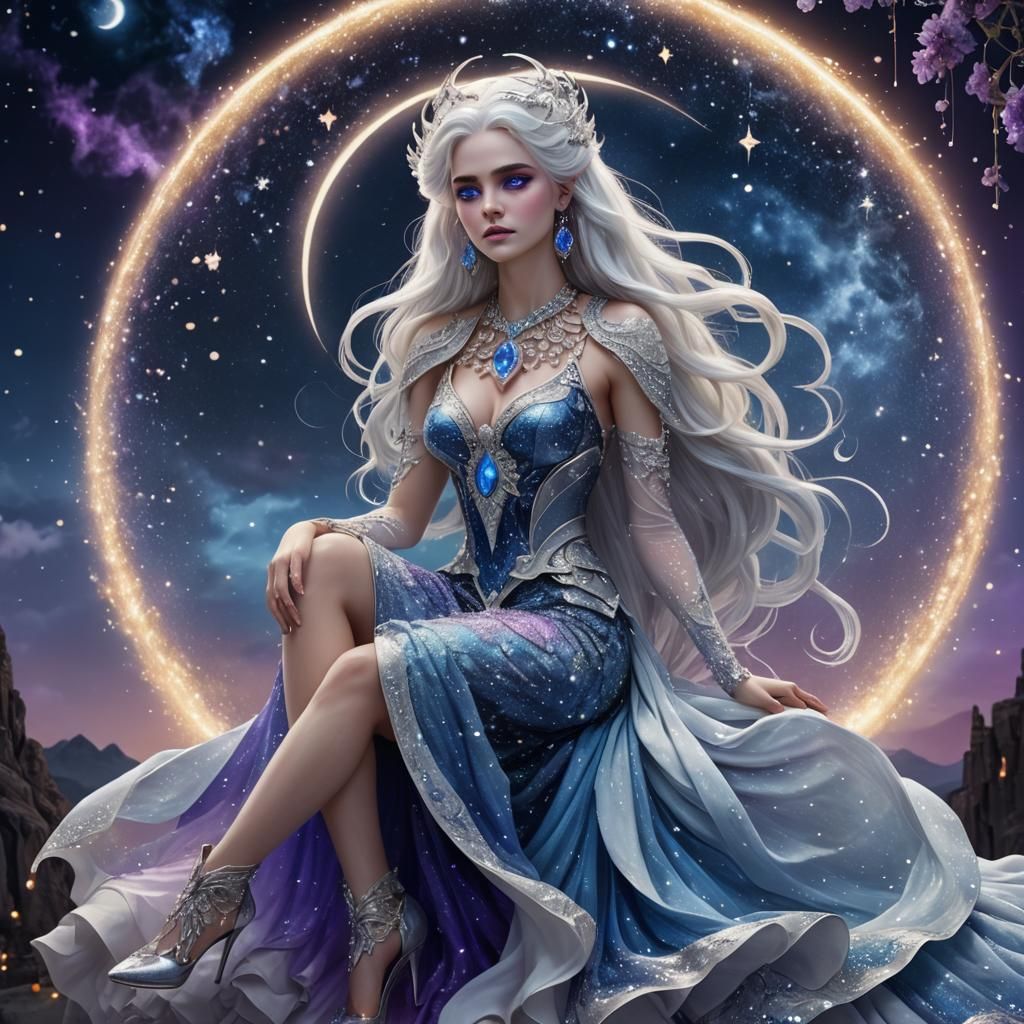 Moon Goddess on Crescent Moon in Fantasy Art
