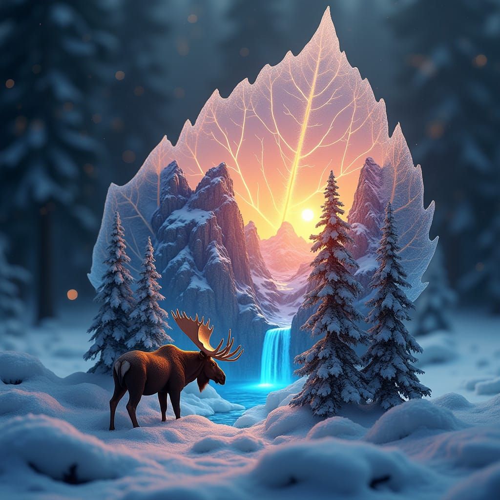 Enchanted Forest Portal with Majestic Moose in Sunset Wonder...