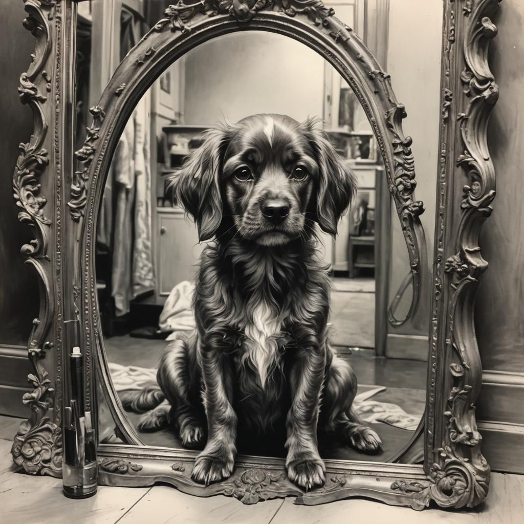 Dog Transforms to Girl in Charcoal Mirror Drawing