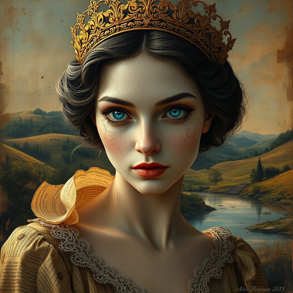 Ethereal Queen with Golden Crown and Ancient Wisdom