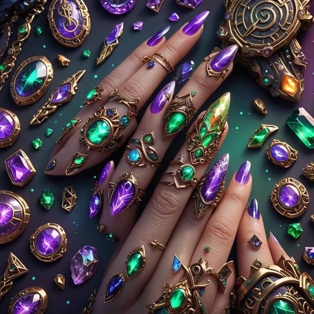 Intricate 3D Nail Art with Glowing Runes