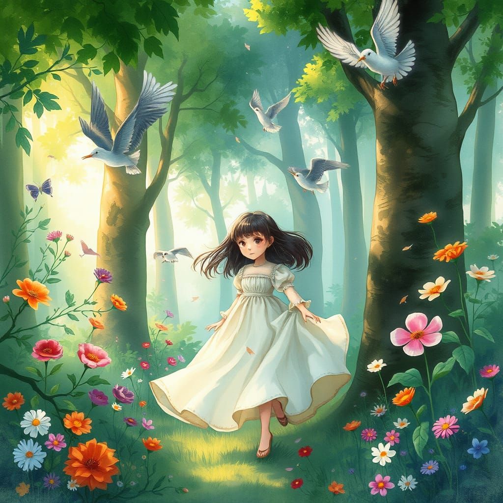 Whimsical Girl in Forest, Ghibli-Inspired Watercolor