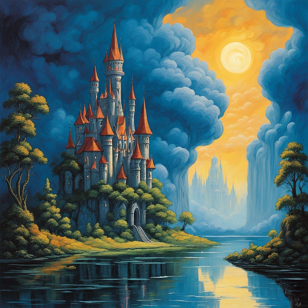 Whimsical Fantasy Landscape with Floating Islands and Gothic...