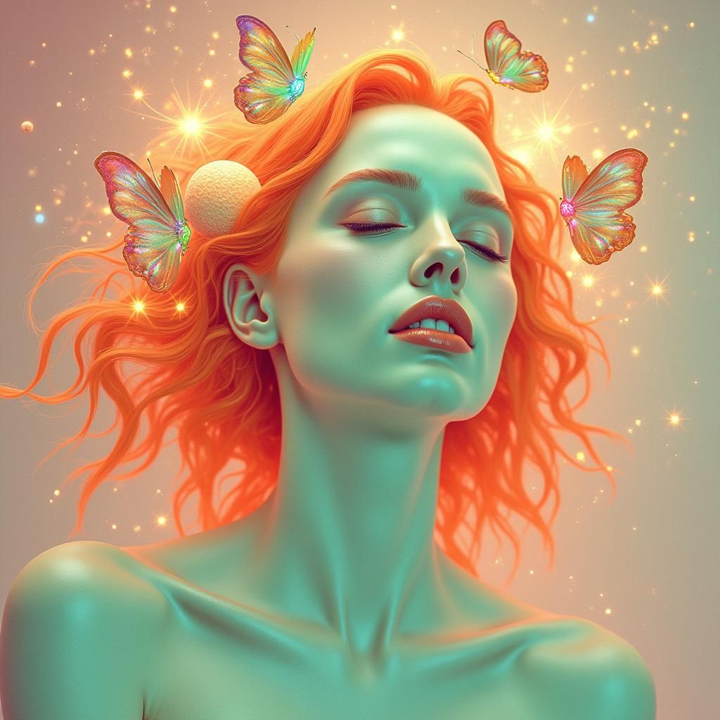 Mint Green Portrait with Celestial Sci-Fi Elements