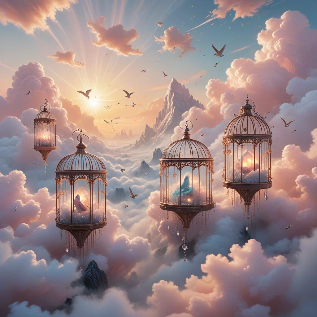 Ethereal Crystal Birdcages in Dreamlike Sky