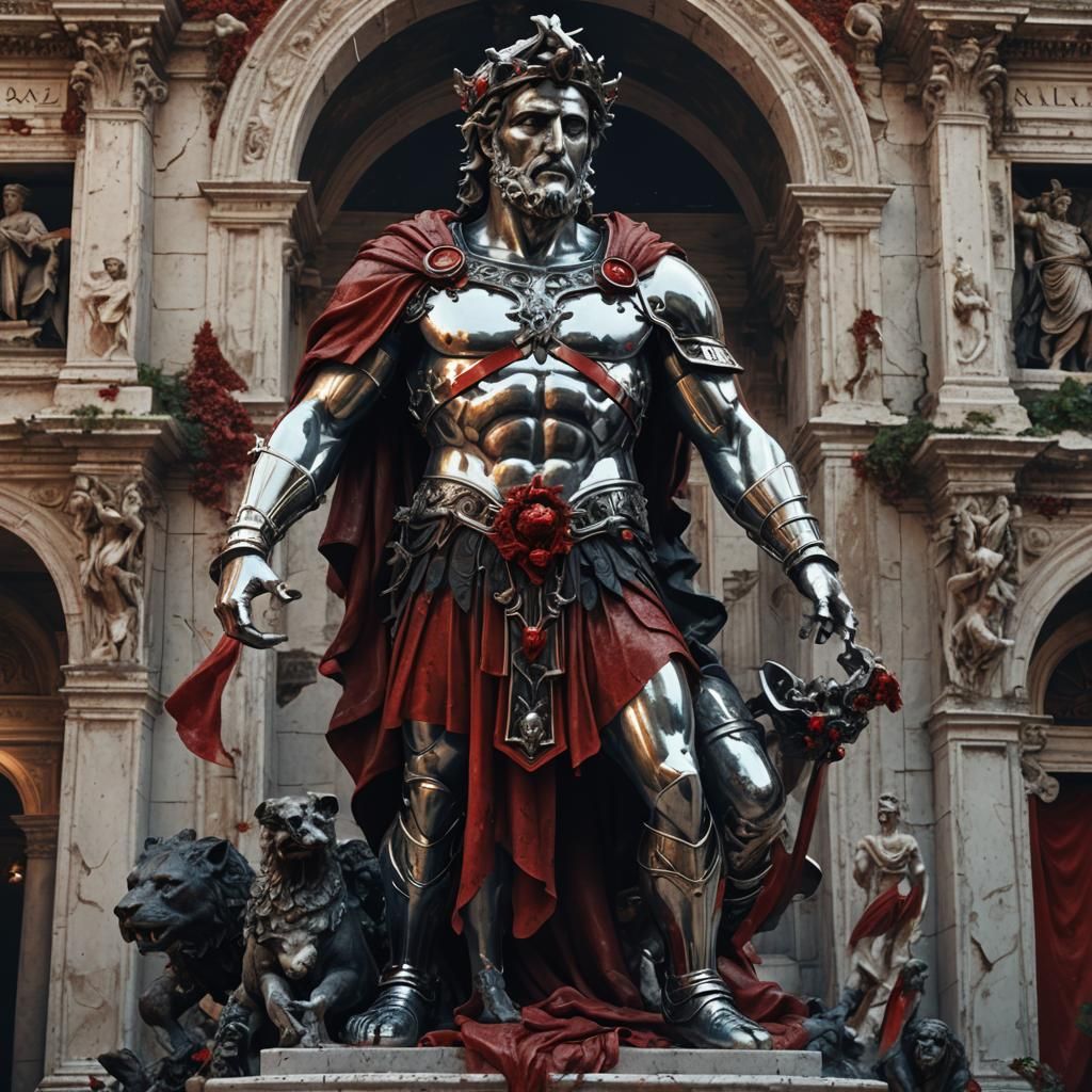 Dionysus Chrome Statue in Old Rome: Detailed Matte Painting