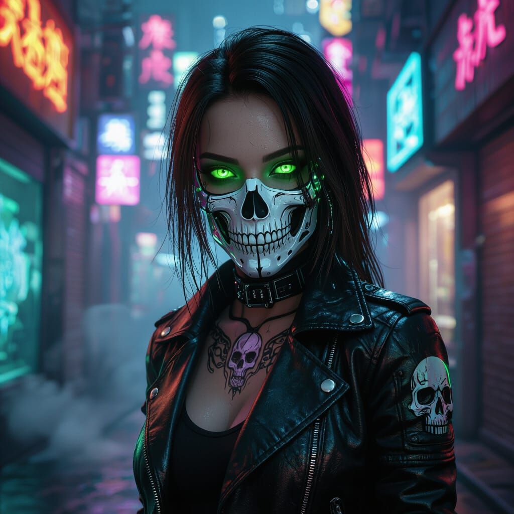 Cyberpunk Woman in Neon Alleyway with Skull Tattoo