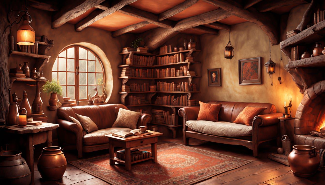 Cozy Hobbit Library in Matte Painting Style