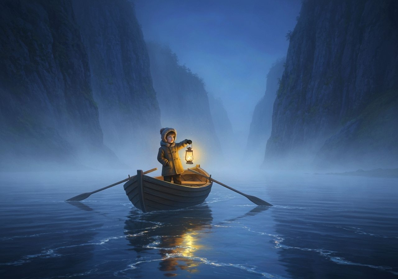 Boy Drifting Down Misty River with Lantern