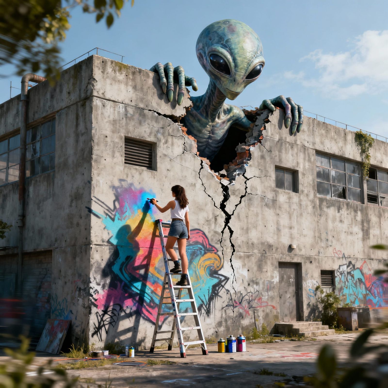 Surreal Alien Art on Building by Woman Spray Painting