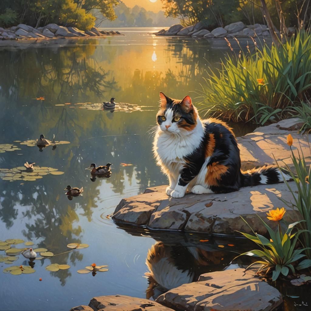 Calico Cat Watching Duck, Oil Painting
