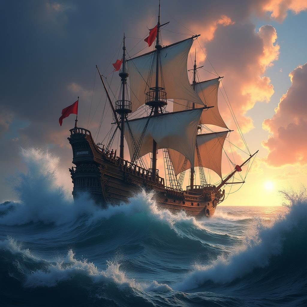 Pirate Ship Sails Turbulent Ocean at Sunset