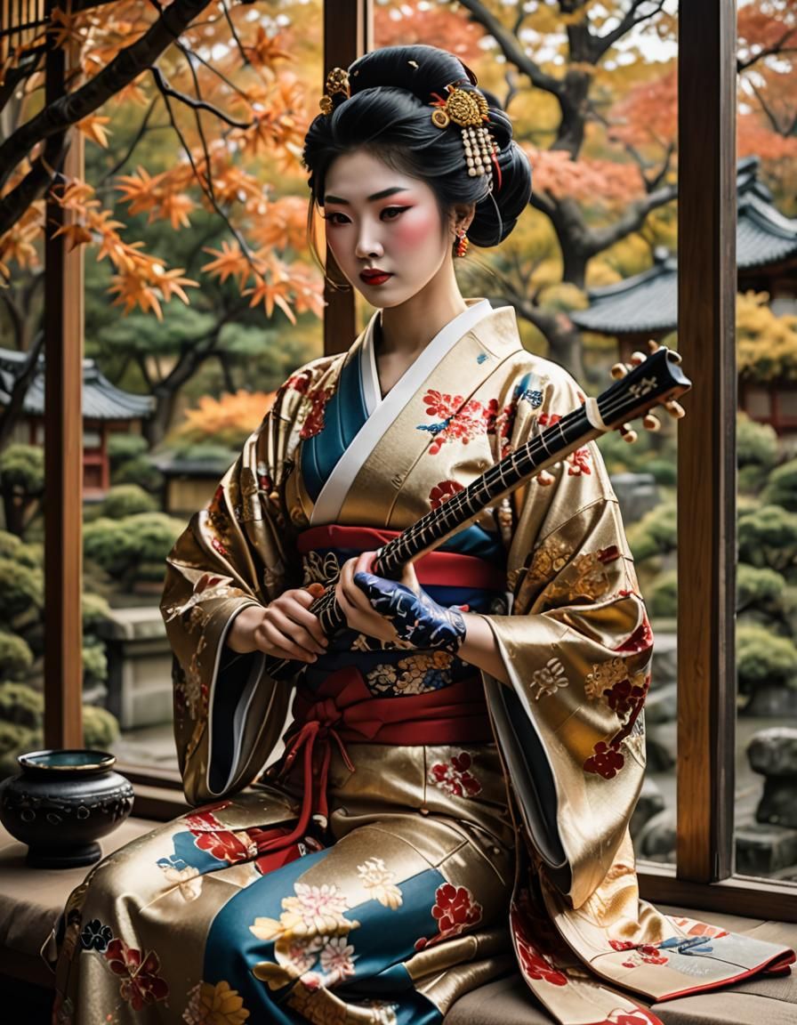 Geisha with Shamisen in Autumn Garden
