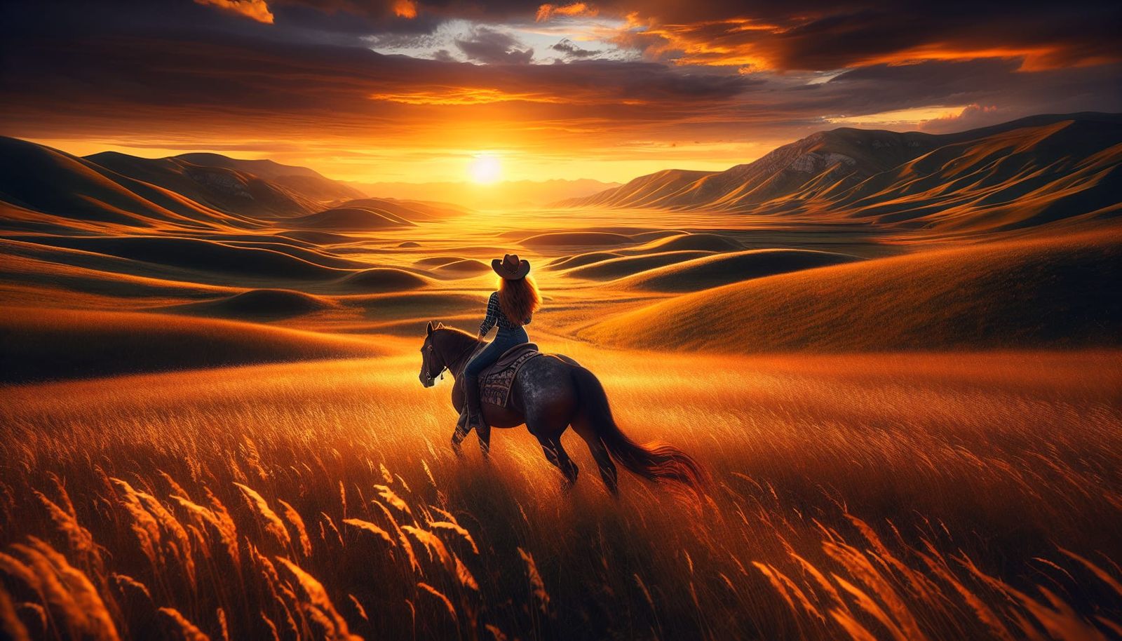 Lone Horse Rider in Golden Field at Sunset