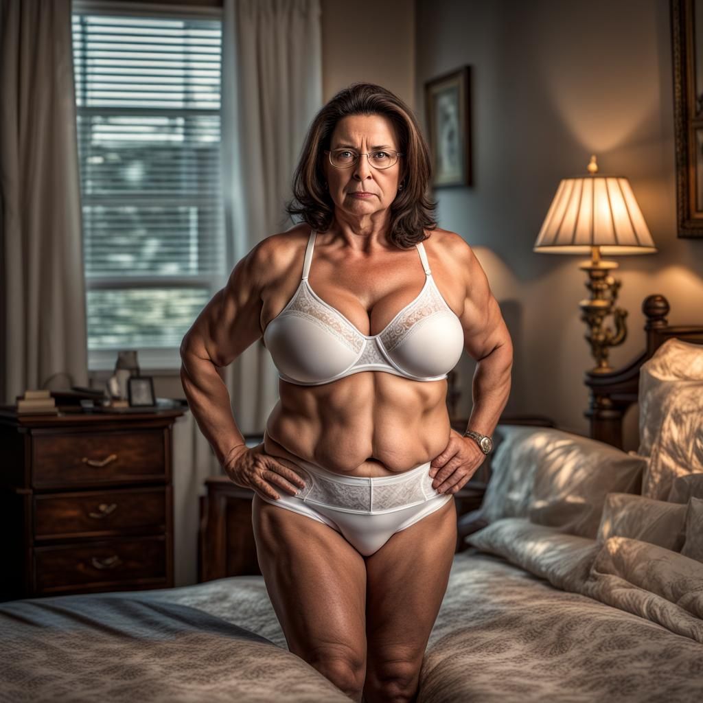 BBW Brunette Flexing in Bedroom: Hyperrealistic Image