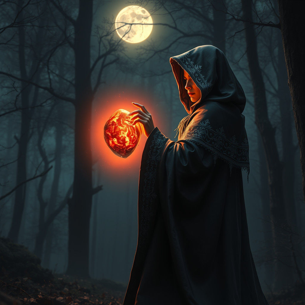 Mystical Witch at Forest Edge Touching Glowing Stone