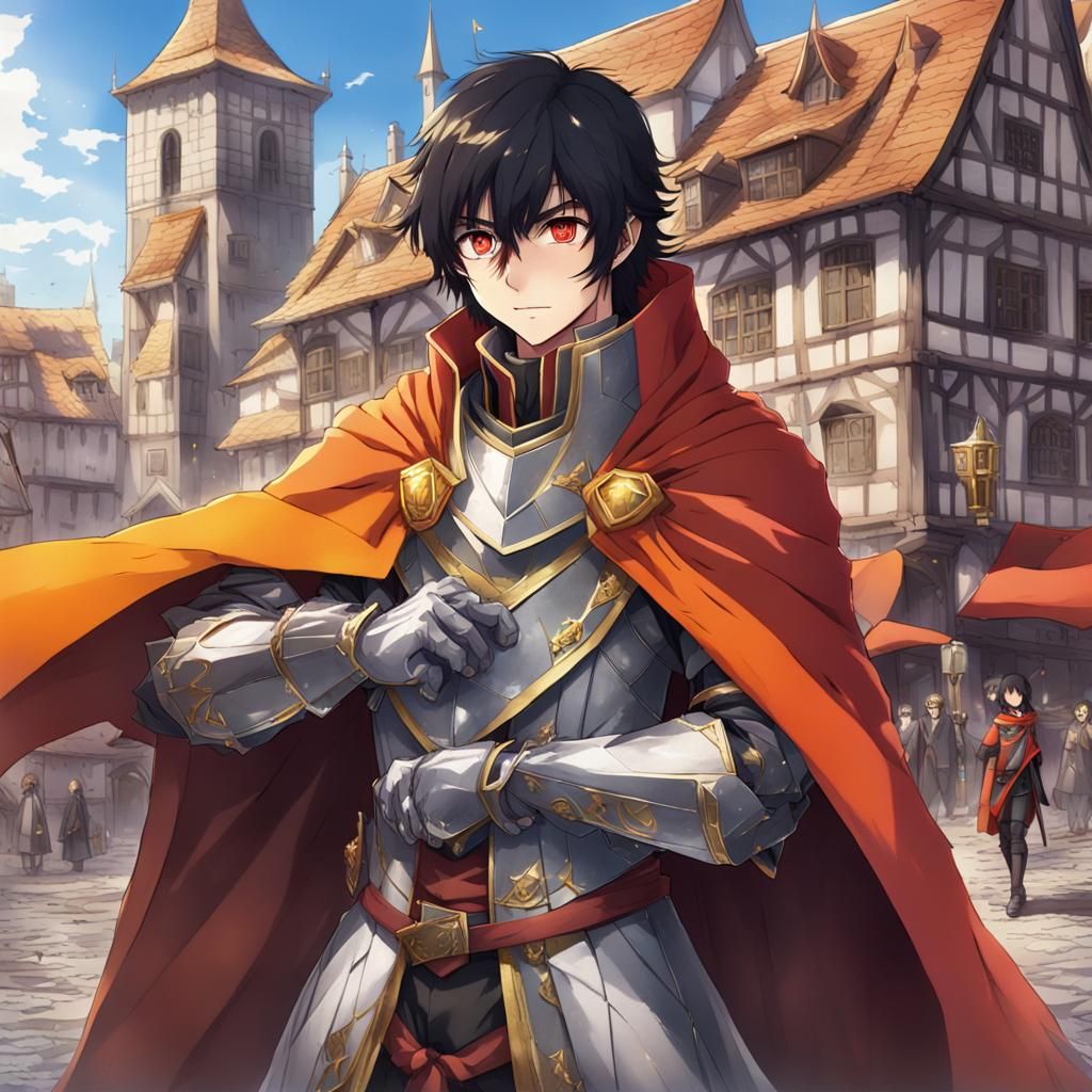 Fantasy Lord in Medieval Town Square, Anime Style