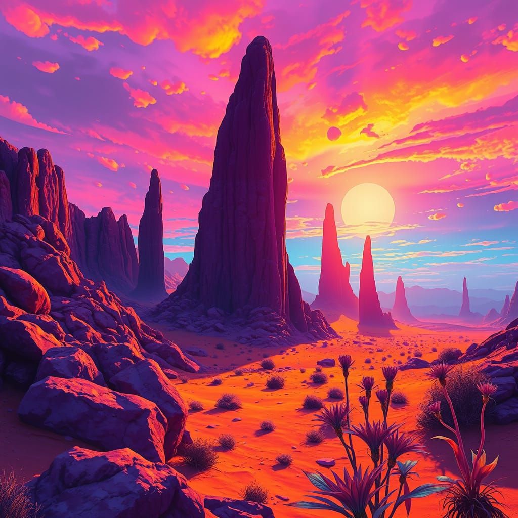 Breathtaking Sunset over Alien Desert Landscape in Vibrant M...