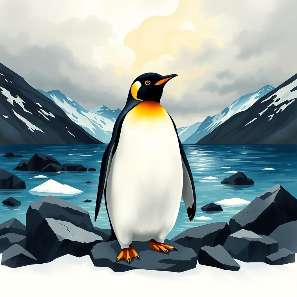Penguin in a Winter Wonderland Landscape