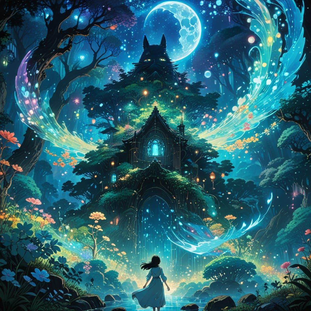 Glowing Spirit Surrounded by Enchanted Blooms in a Biolumine...