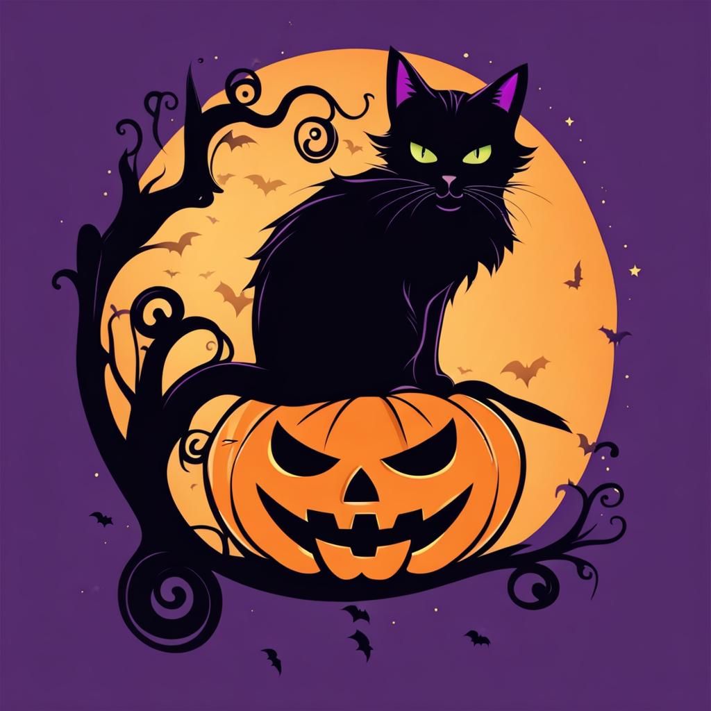 Witch on Broom with Black Cat at Halloween