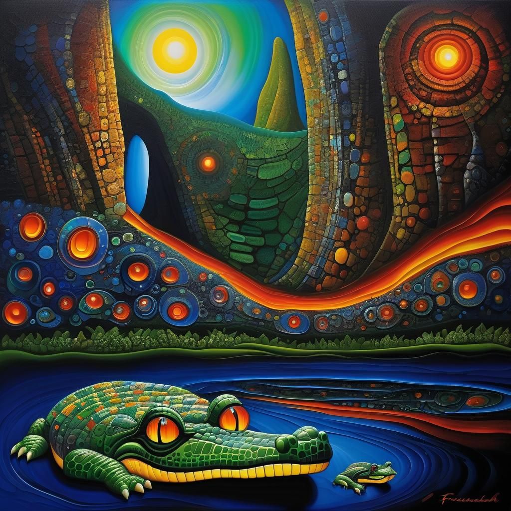 Mystic Crocodile in Hundertwasser Style Oil Painting