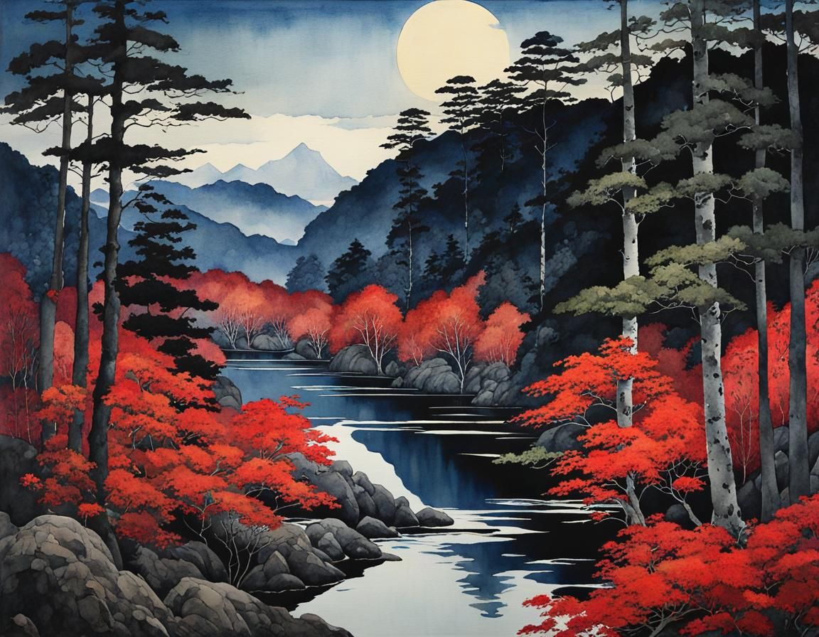 Mystical Forest Lake in Dark Watercolors