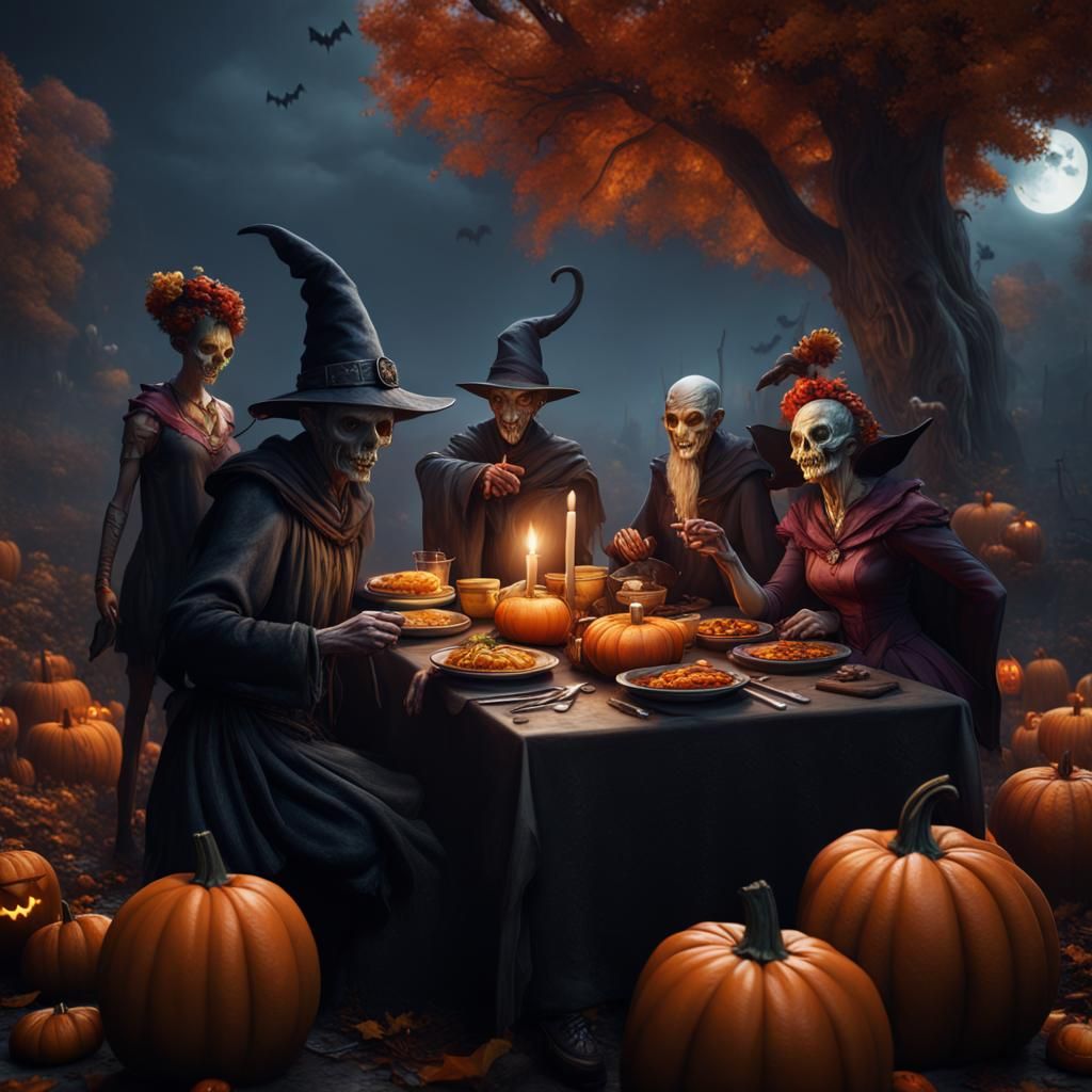 Joyful Halloween Dinner with Friends: Detailed Matte Paintin...