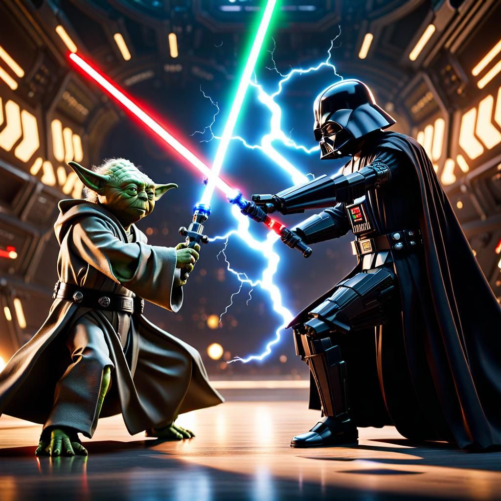 Jedi Master Yoda versus Darth Vader in a light saber fight, as Force Lightning erupts behind them