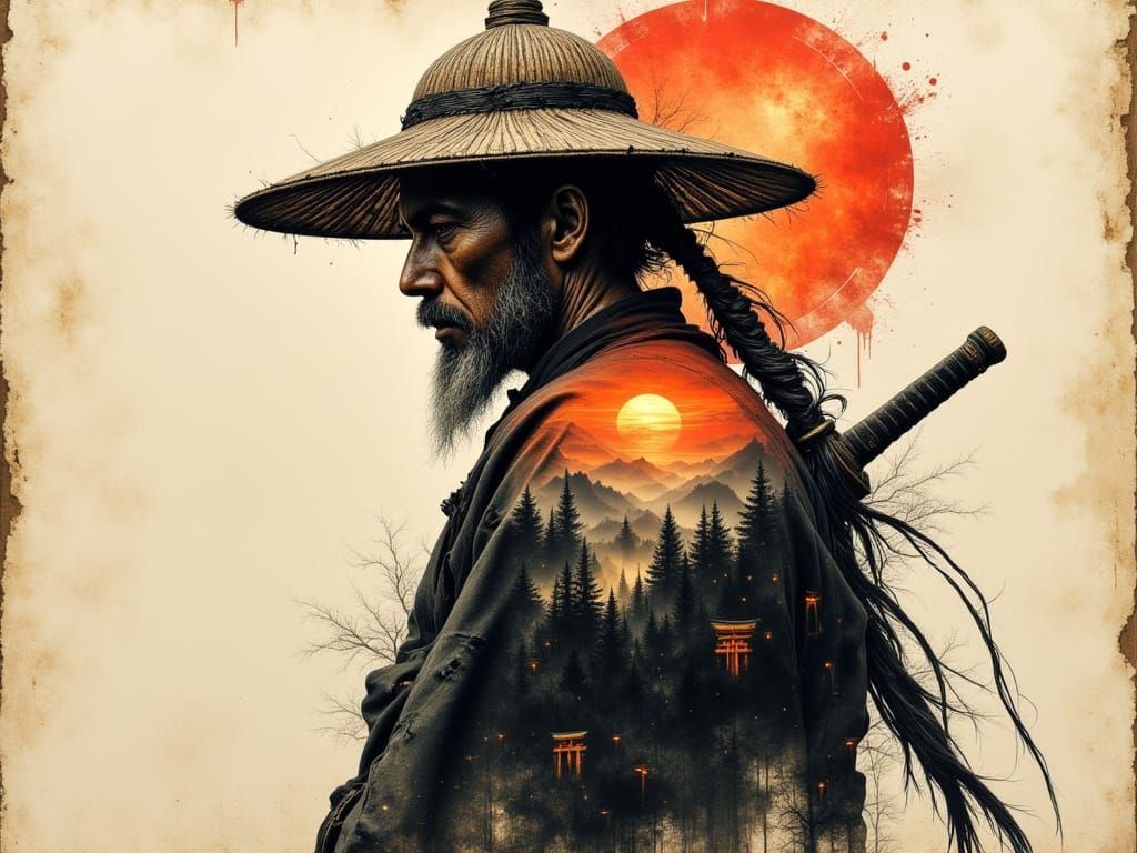 Rugged Japanese Warrior in Charcoal Sketch