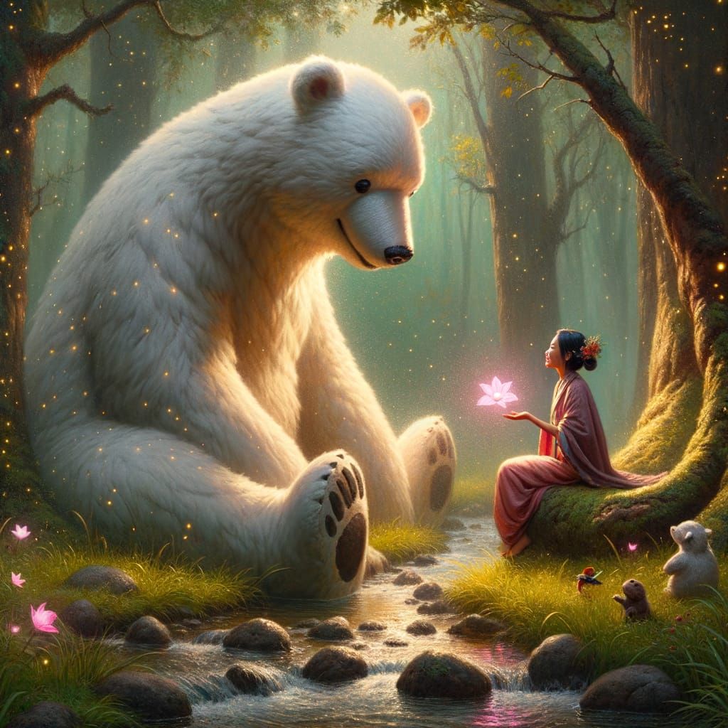 Enchanted Conversation: Woman, Plush, and Mystical Flower