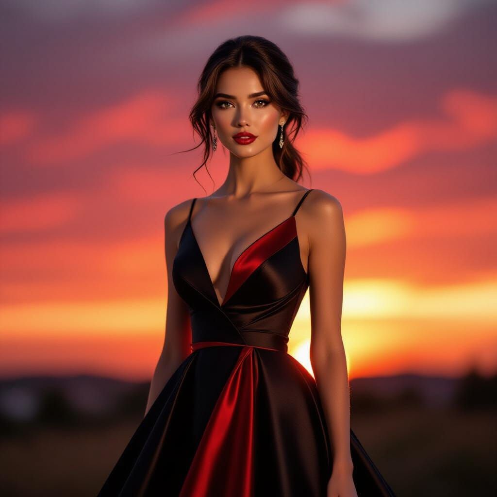 Stunning Lady in Red and Black Dress at Sunset