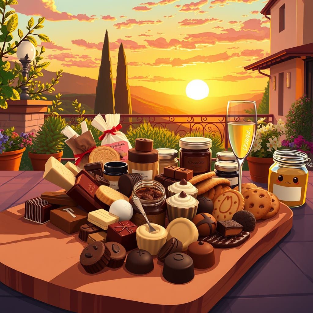 Chocolates and Prosecco on Tuscan Terrace in Anime Style
