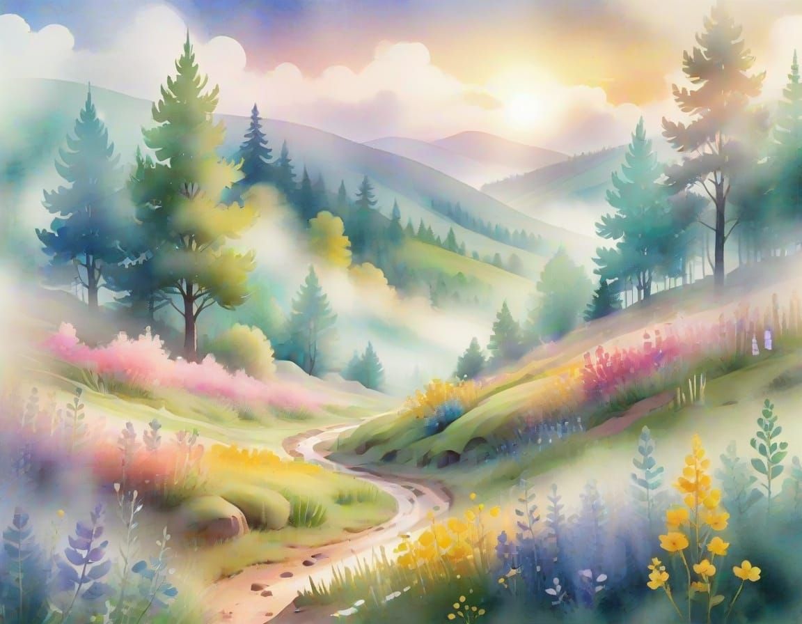 Dreamy Watercolor Landscape in Storybook Style