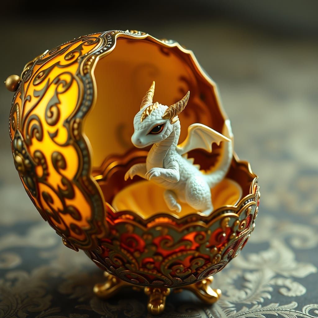 Golden Dragon Hatchling Emerges from Faberge Egg in Art Nouv...