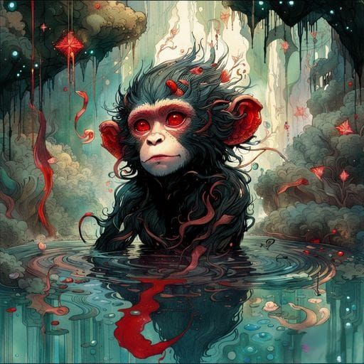 Shadow Monkey in Jungle Pool: Ink Flow Art