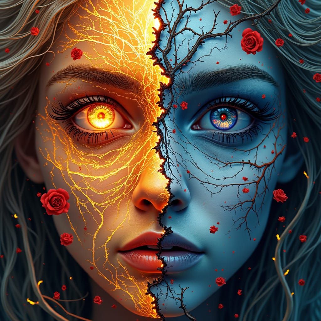 Fractured Face in Golden Light and Jagged Shadows