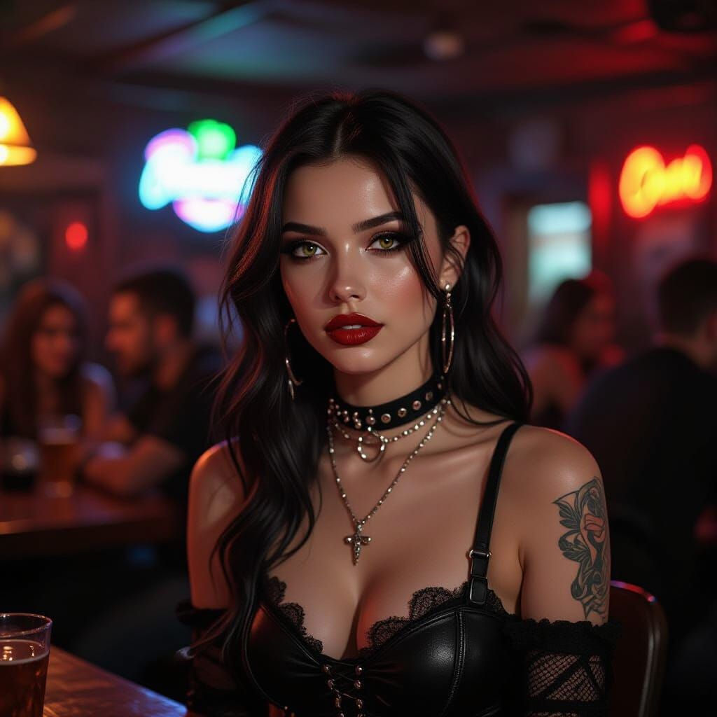 Goth Woman in Crowded Biker Bar