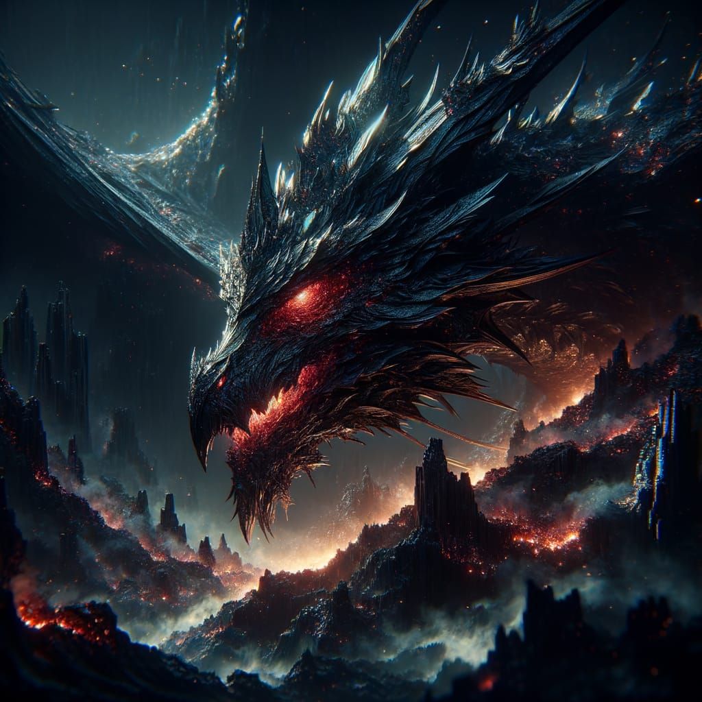 Obsidian Dragon in Dark Fantasy Landscape