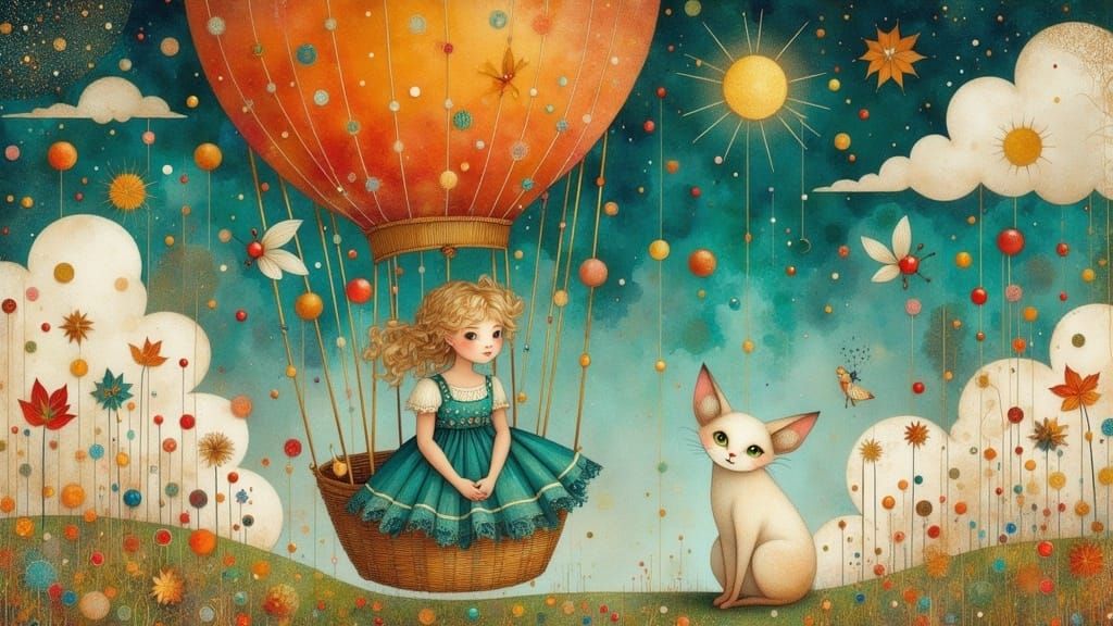 Whimsical Dreamlike Scene with Girl and Cat in Balloon