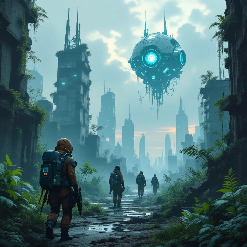 Post-Apocalyptic Earth: Survivors Battle AI and Overgrowth