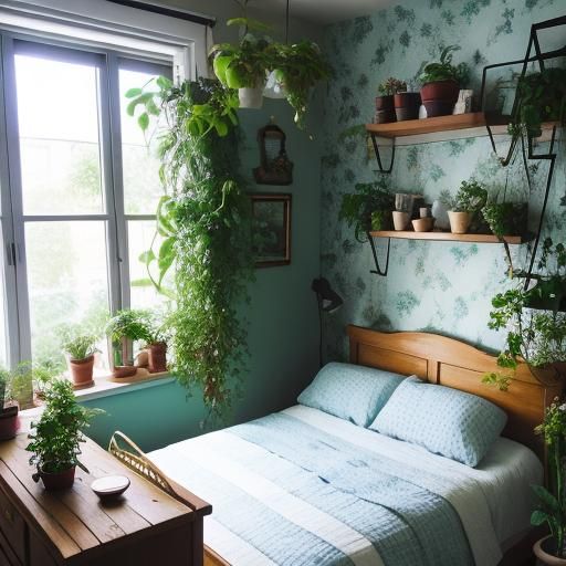 Plant-Filled Tiny Bedroom in Natural Lighting
