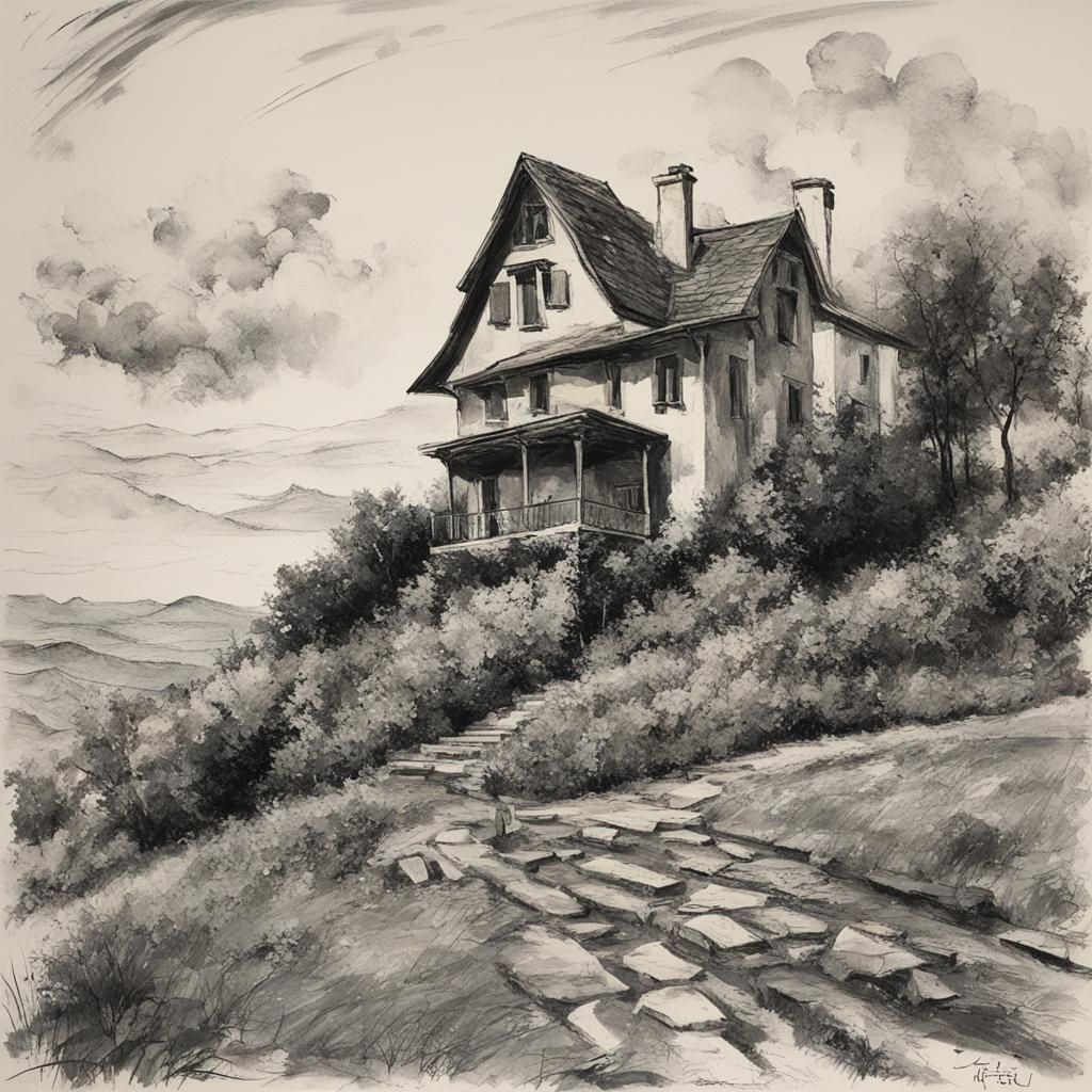 Whimsical House on a Hill Painting