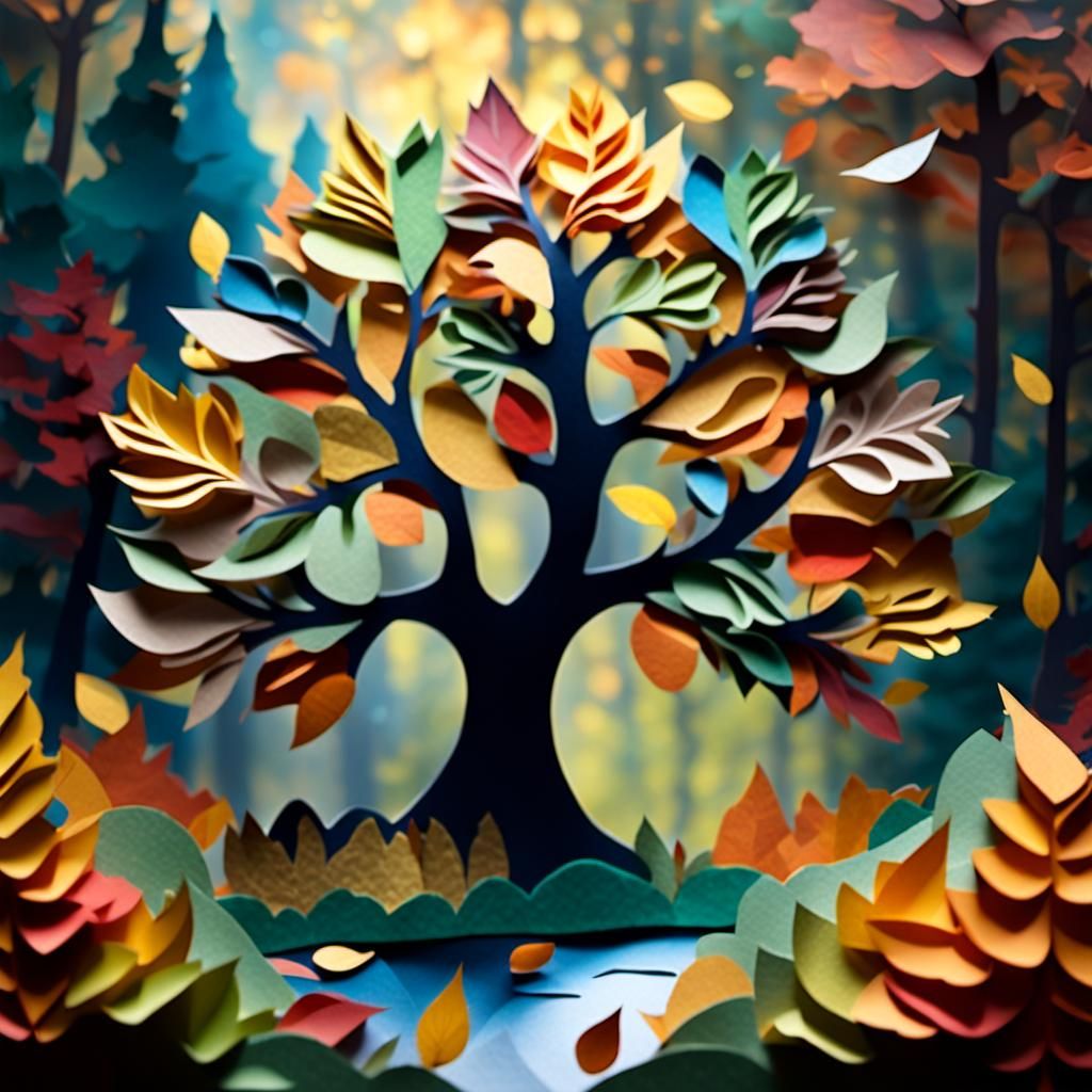 Ethereal Autumn Tree: 3D Paper Art Collage