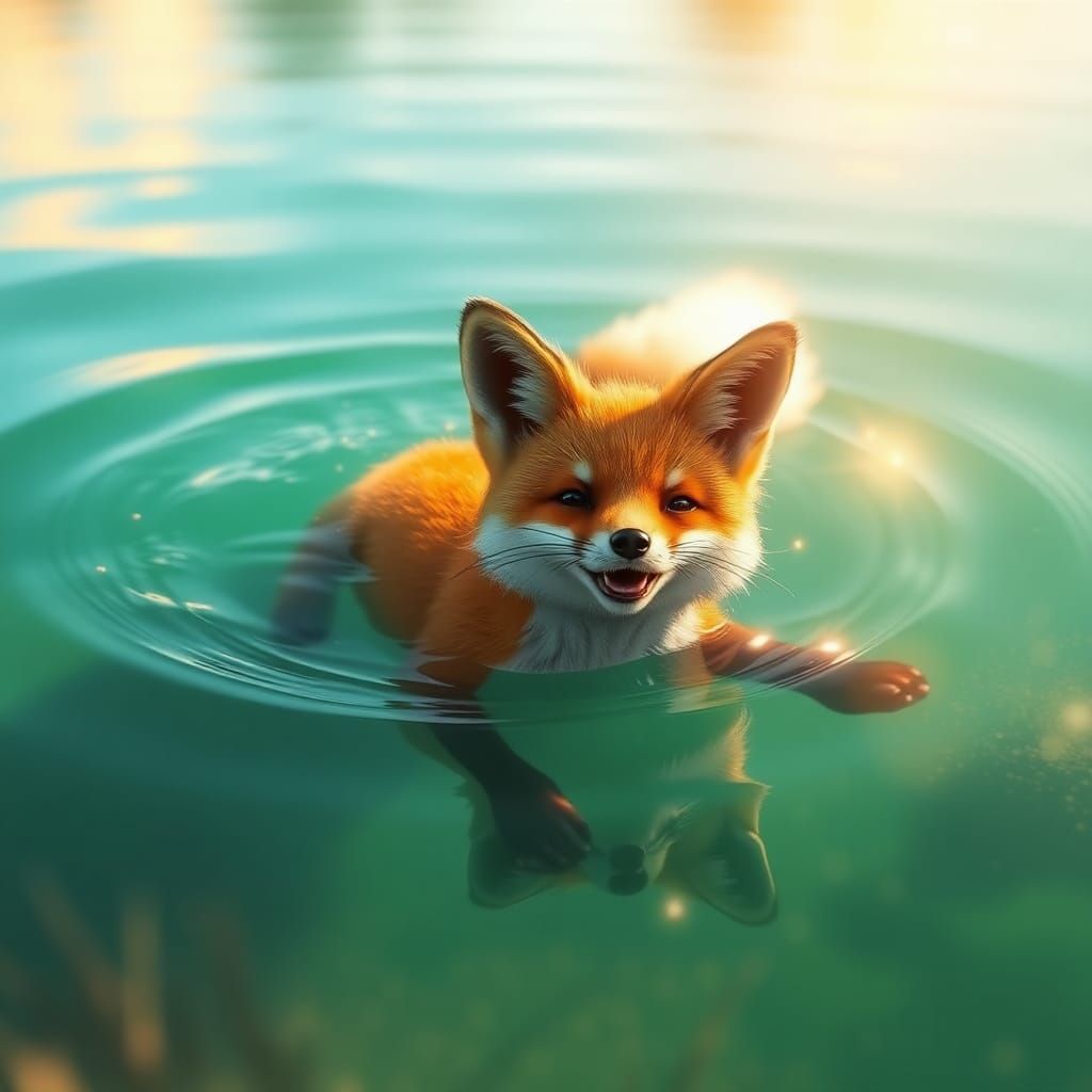 Glowing Fox Swimming in Aqua Lake: Fantasy Art