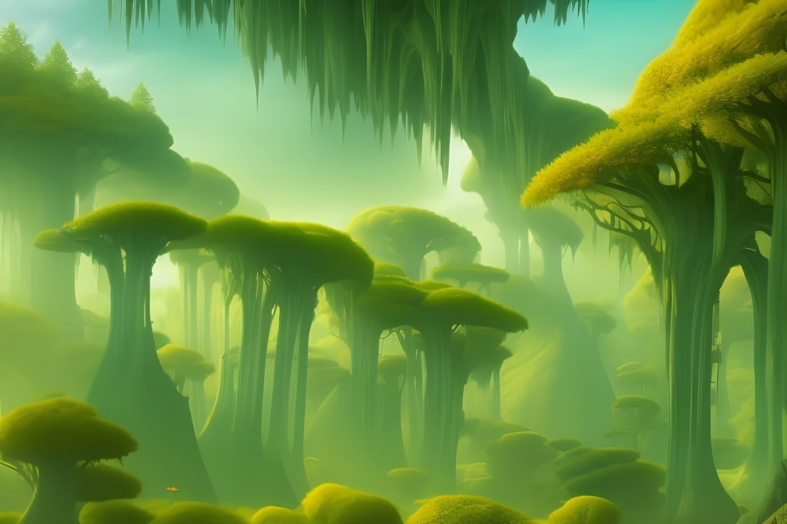 Bright green fantasy landscape