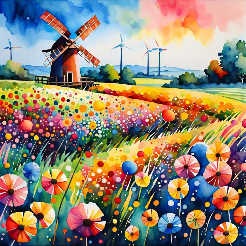 Polychromatic Flower Field with Windmill as Splash Art