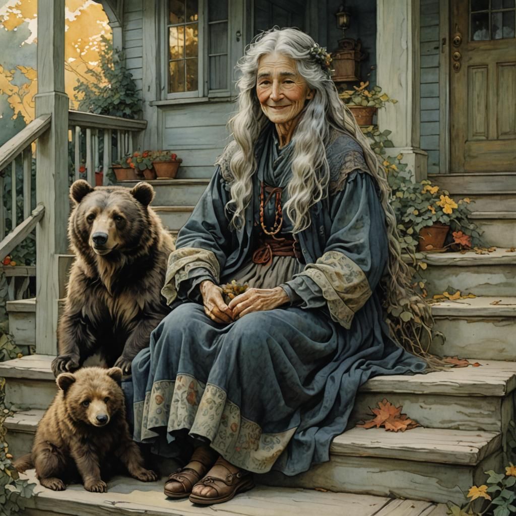 Smiling Hag and Bear on Porch in Watercolor Style