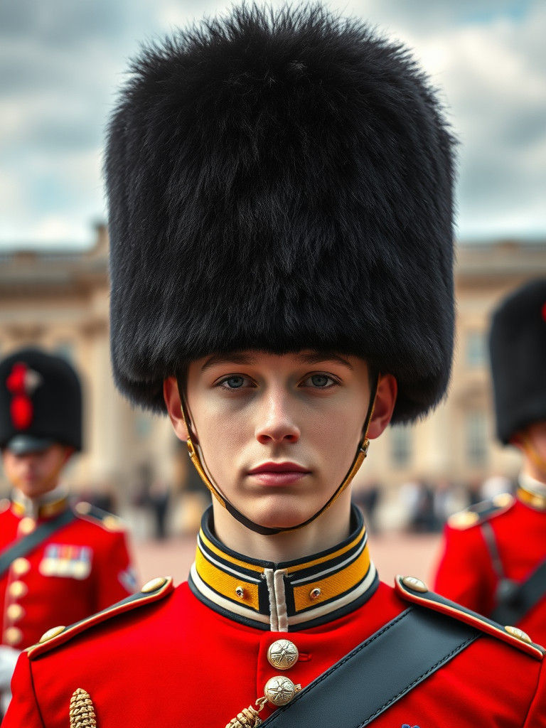 Imposing British Foot Guard in Traditional Bearskin Cap