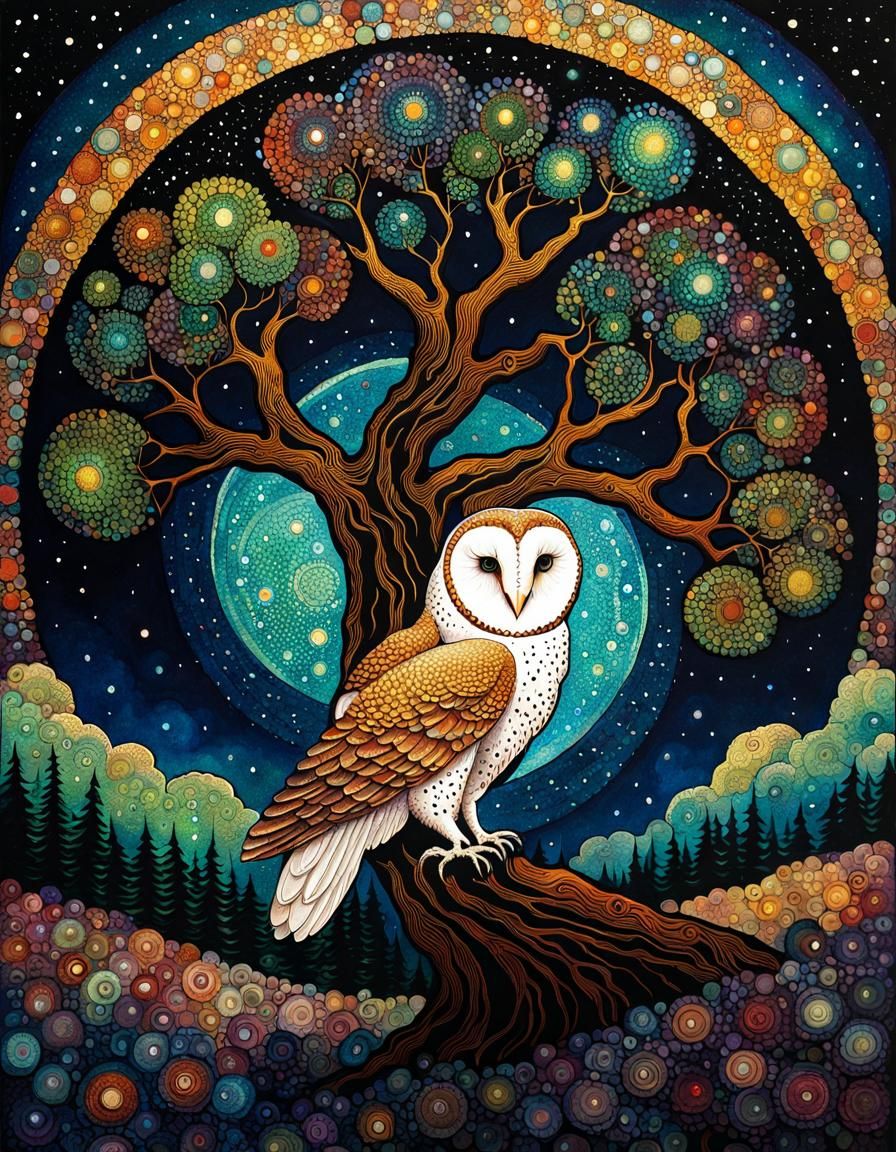 Cosmic Tree of Life with Barn Owl, Pointillism Style